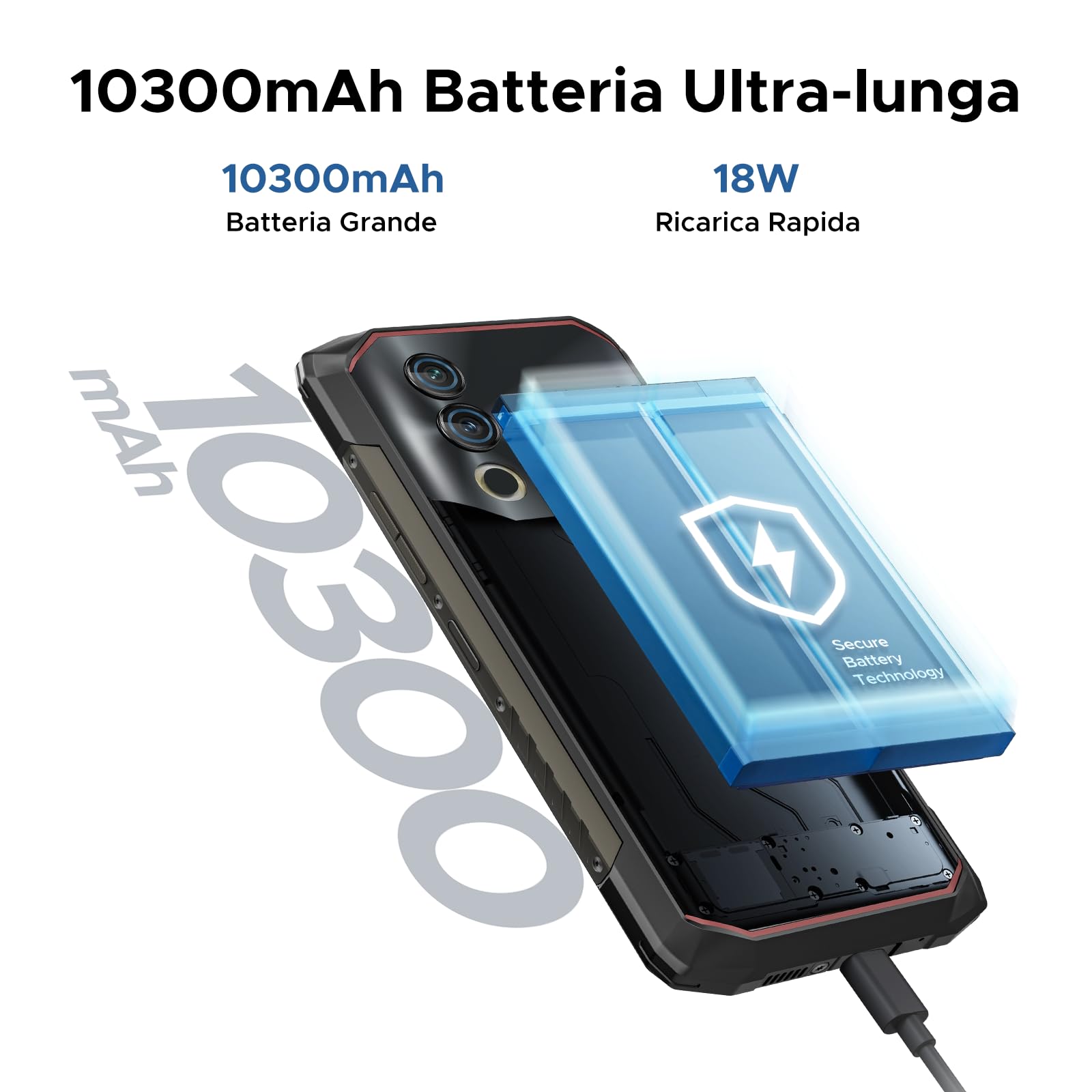 DOOGEE Blade 10 Power Rugged Smartphone, 24(6+18) GB+256GB, 10300mAh, Smartphone 90Hz 6.6” HD+ IPS, Octa Core Android 14, 50MP+8MP, Triple Card Slot, Fingerprint ID/Face Unlock/NFC/OTG, Nero