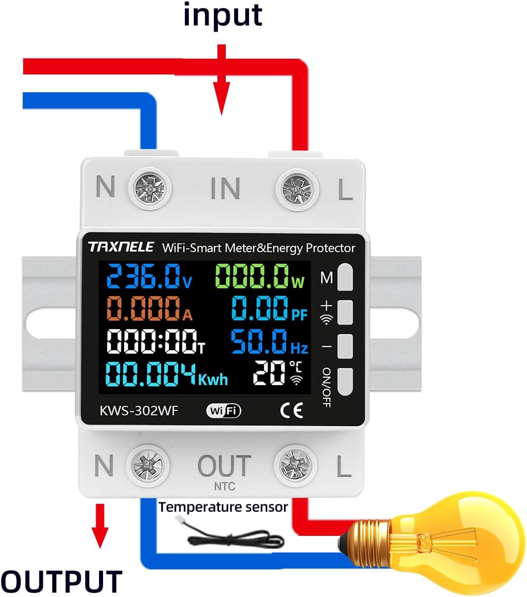 Wiring diagram for the KWS-302WF Smart Power Meter, showing input (N, L) and output (N, L) terminals, and connection for an external temperature sensor (NTC).