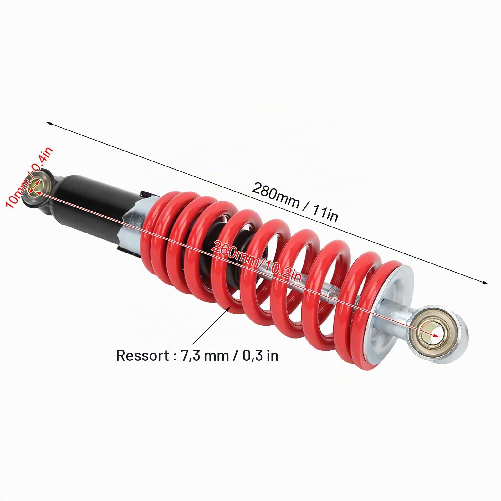 Amortisseur de Moto Universel, 260mm Amortisseur Avant, Suspension Arrière, Réglable Remplacement Amortisseurs pour Motos 70-125 CC, Moto Tout-terrain, VTT