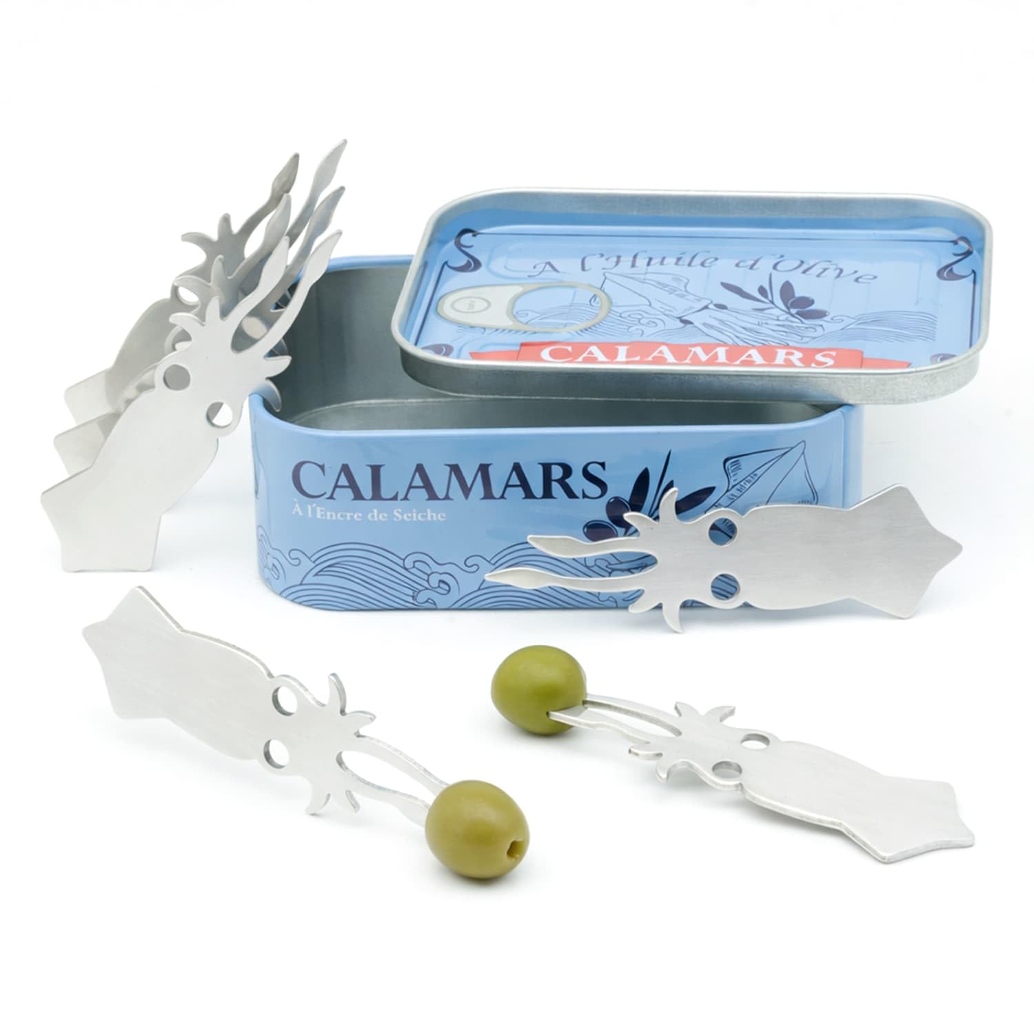 CKB LTD Calamari Snack Fork Set in Tin – Set of 6 Stainless Steel Squid Forks for Tapas, Olives & Escargot – Retro Calamars Tin Gift – Cocktail Picks for Seafood, Appetisers & Party Serving