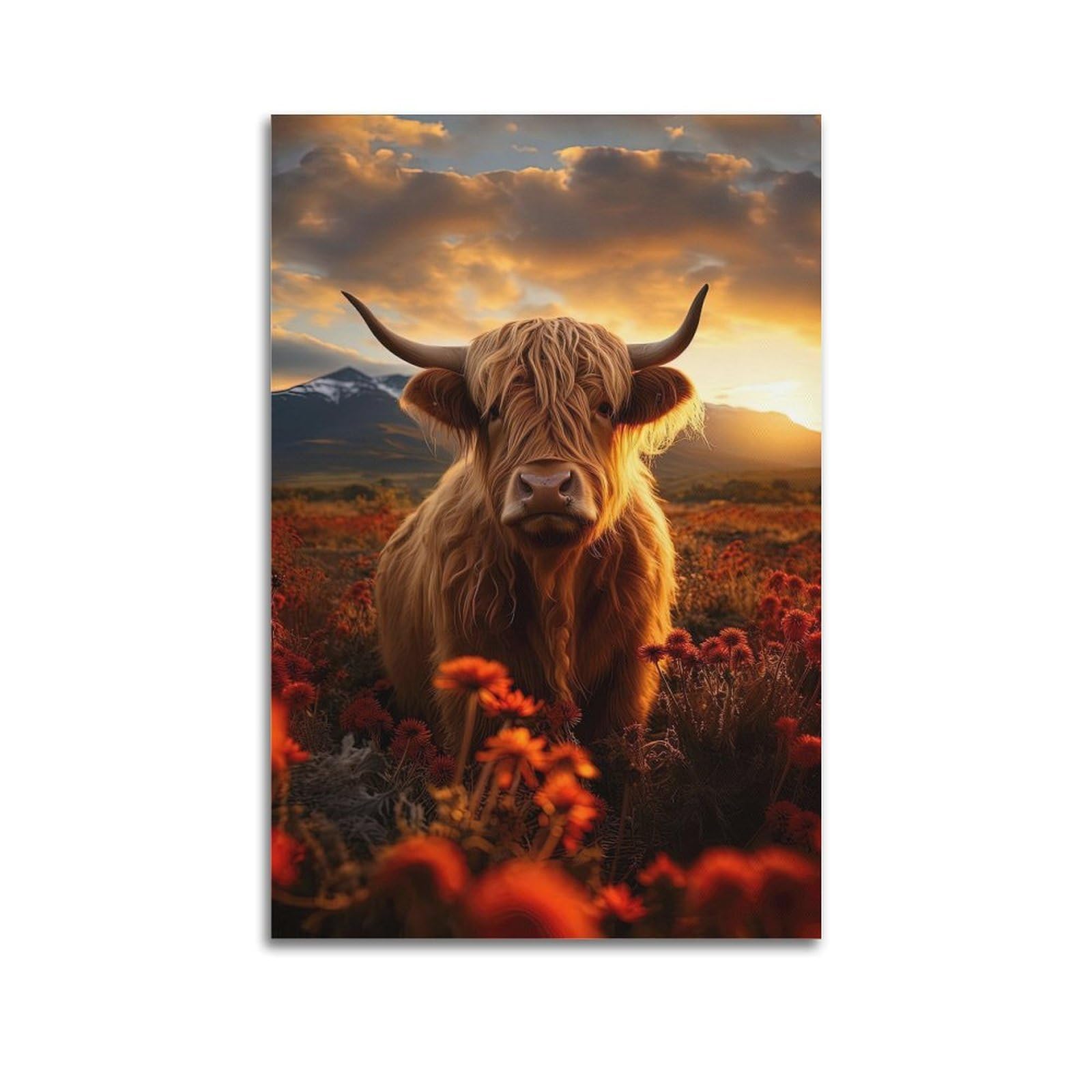 ESTE Highland Cow Animal Flowers Artwork Poster Decorative Painting Canvas Modern Art Picture 20x30inch(50x75cm)