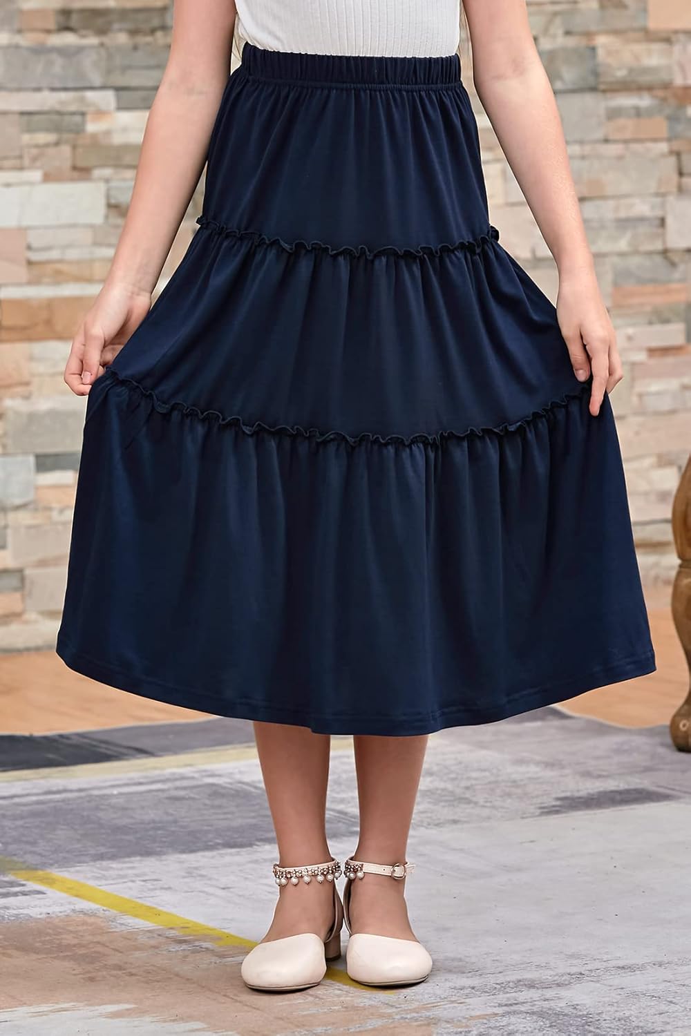 GORLYA Girls Boho Casual Elastic High Waist Tiered Ruffle Hem Long Swing Maxi Skirt 4-14T - Image 3