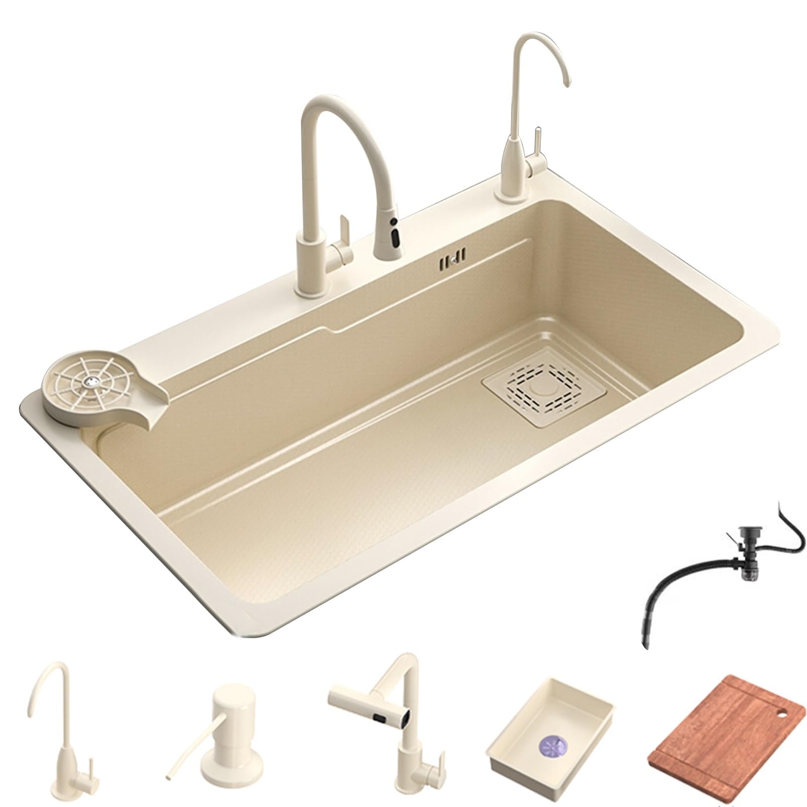ZQFHSX White Modern Sink, Undermount Stainless Steel Single Bowl Kitchen 3 Hole, Multifunction Pull-Out Faucet, Multiple Accessories(80 * 45 22cm)
