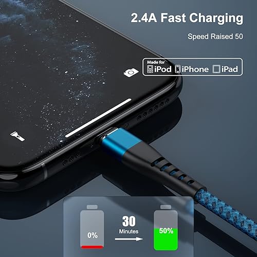Miniatura 5 de Essri 3cables de carga largos de 10pies para iPhone, con certificación MFi, cables Lightning fuertes de nailon trenzado, carga rápida USB para