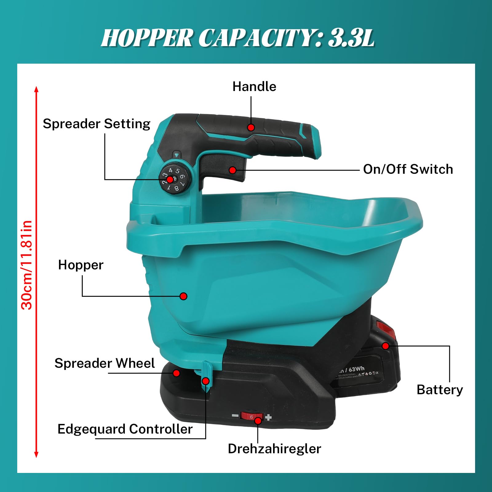 Épandeur d'engrais sans fil pour batterie Makita 18 V, épandeur universel sans fil 3,3 l avec réglage de la vitesse de rotation à 6 niveaux, réglage de la quantité d'épandage à 8 niveaux, angle de