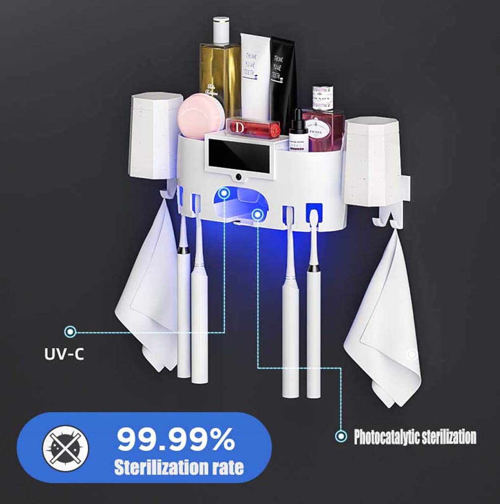 TJH Portacepillos de desinfección UV, Esterilización Inteligente Pasta de Dientes Cepillo de Dientes esterilizador, Set de Enjuague bucal montado en la Pared para 4 baños