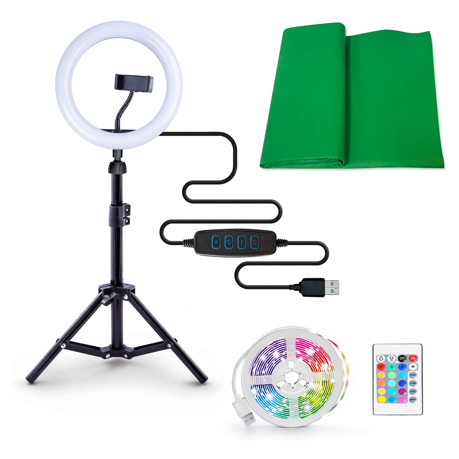 Kit de Video LED Deluxe, Tira de luz LED de 5 m, Anillo de luz LED + trípode, Pantalla Verde XL, TikTok/Youtube/influencers. para Mayores de 8 años