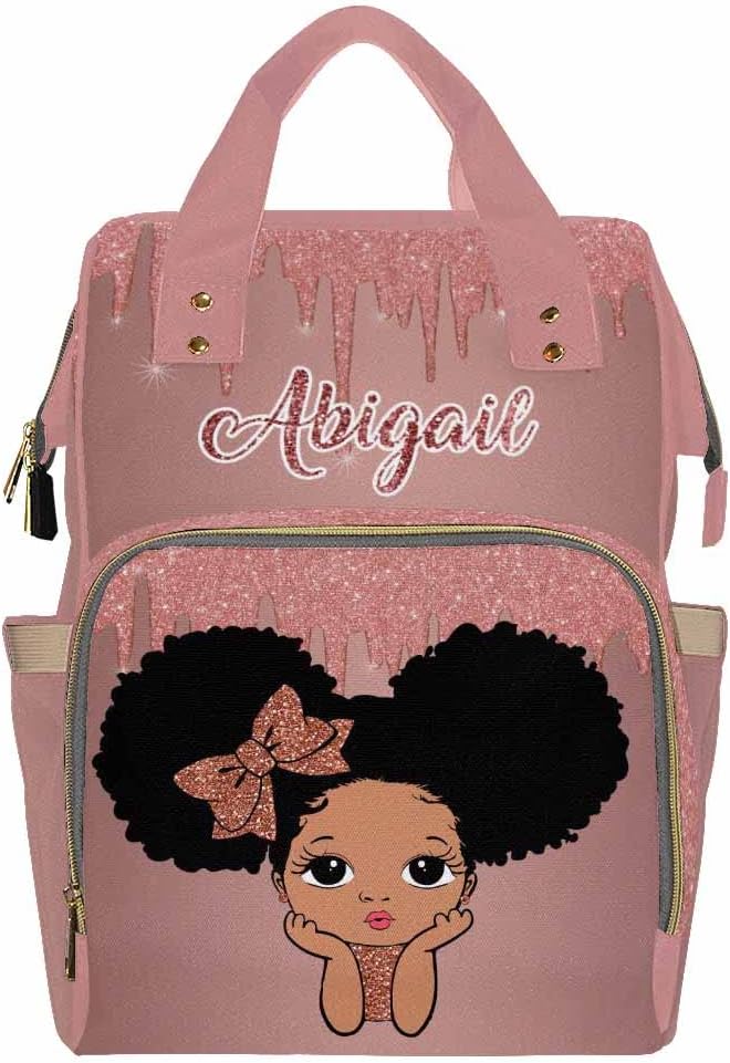 Artsadd Custom Name Diaper Bag with Thermal Pockets, Pink Glitter Travel Shoulder Bag Customized Baby Backpack Laptop Backpack with Name Casual Handbag for Women New Mom
