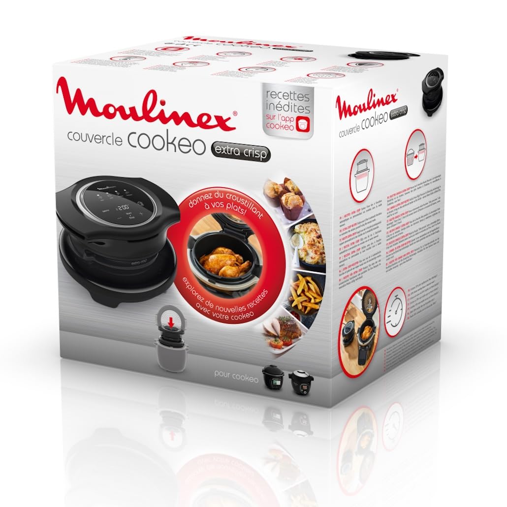 Moulinex Extra Crisp Cookeo, Couvercle air fryer, Recettes croustillantes, Cuisson sans huile, 4 programmes, Température réglable, Compatible avec les Cookeo 6 L, Noir EZ150800