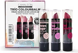 Camaleon Cosmetics – Pack of 3 Lip Balm with Colour – SPF 50 – Moisturizing, Regenerating and Protecting – Soft Colour: Pink, Red and Brown