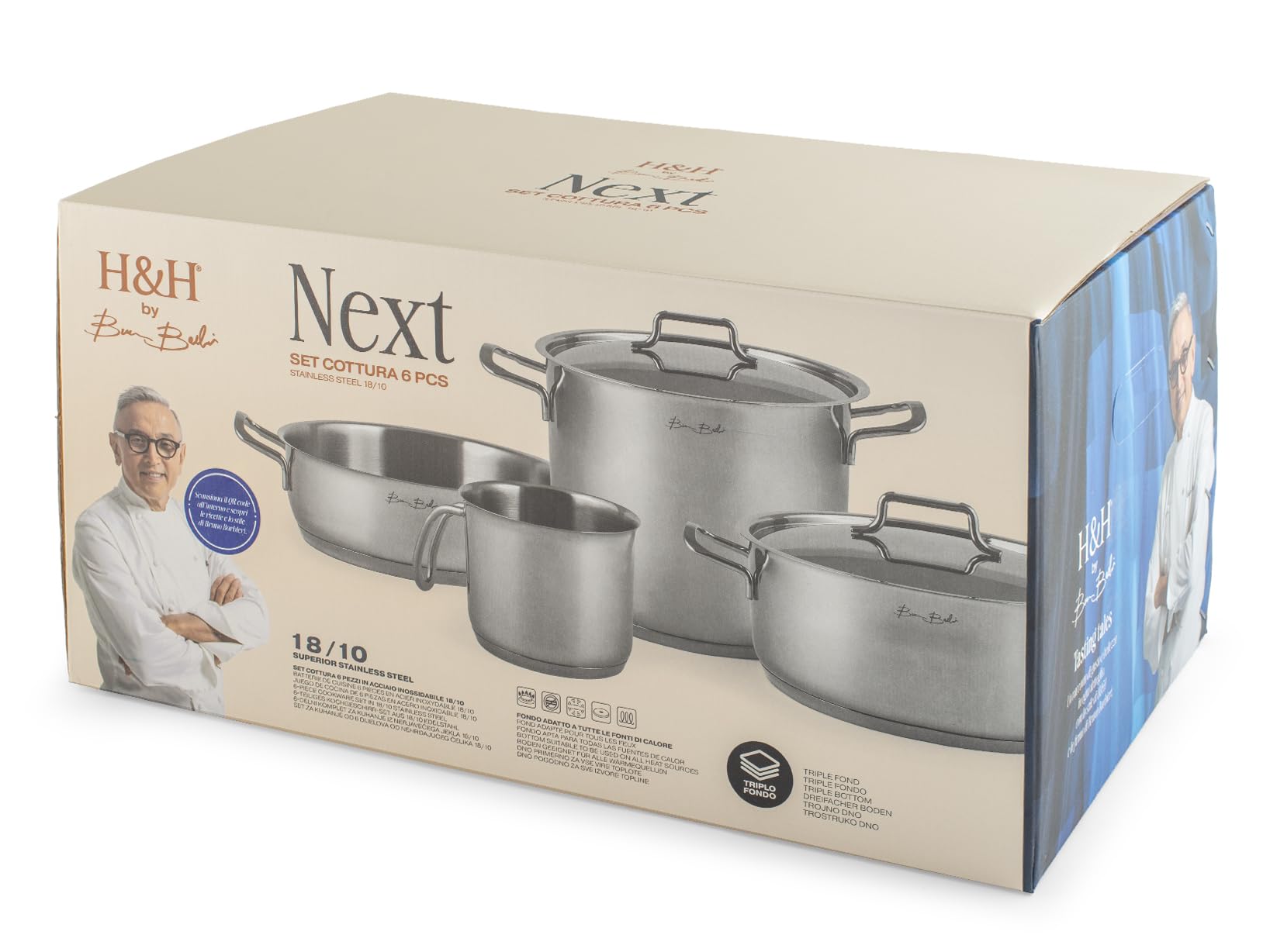 H&H by Bruno Barbieri, Batteria di Pentole, Acciaio Inox 18/10, Set 6 Pezzi, Casseruola, Tegame, Bollilatte con Coperchi, Triplo Fondo, Adatto a tutti i Piani Cottura