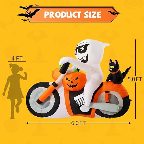 Miniatura 5 de COMIN Inflables de Halloween de 6 pies, fantasma, decoraciones para exteriores, patio, calabaza, gato, motocicleta con LED integrados para