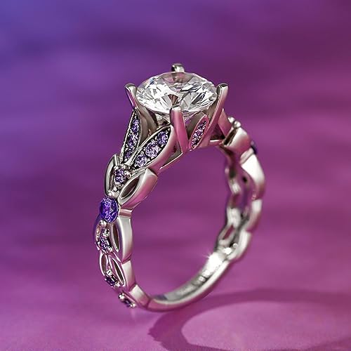 Miniatura 8 de Jeulia - Juego de anillos de mariposa de plata de ley personalizados de 4.3 quilates para mujer, corte redondo, amatista morada, anillo de boda