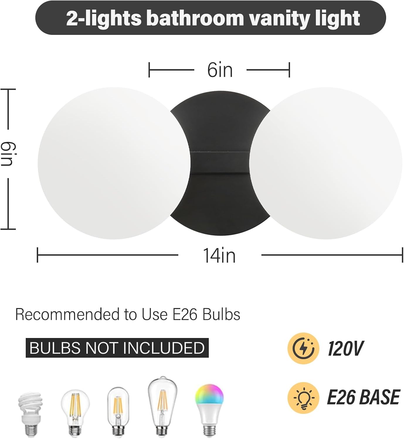 Black Bathroom Vanity Light Fixtures: Modern Wall Scones With 2 Milk Glass Shades - Globe Makeup Lighting Fixture over Mirror - Brass Ball Powder Room Vanities Lights for Hallway Bedroom Bulb Excluded