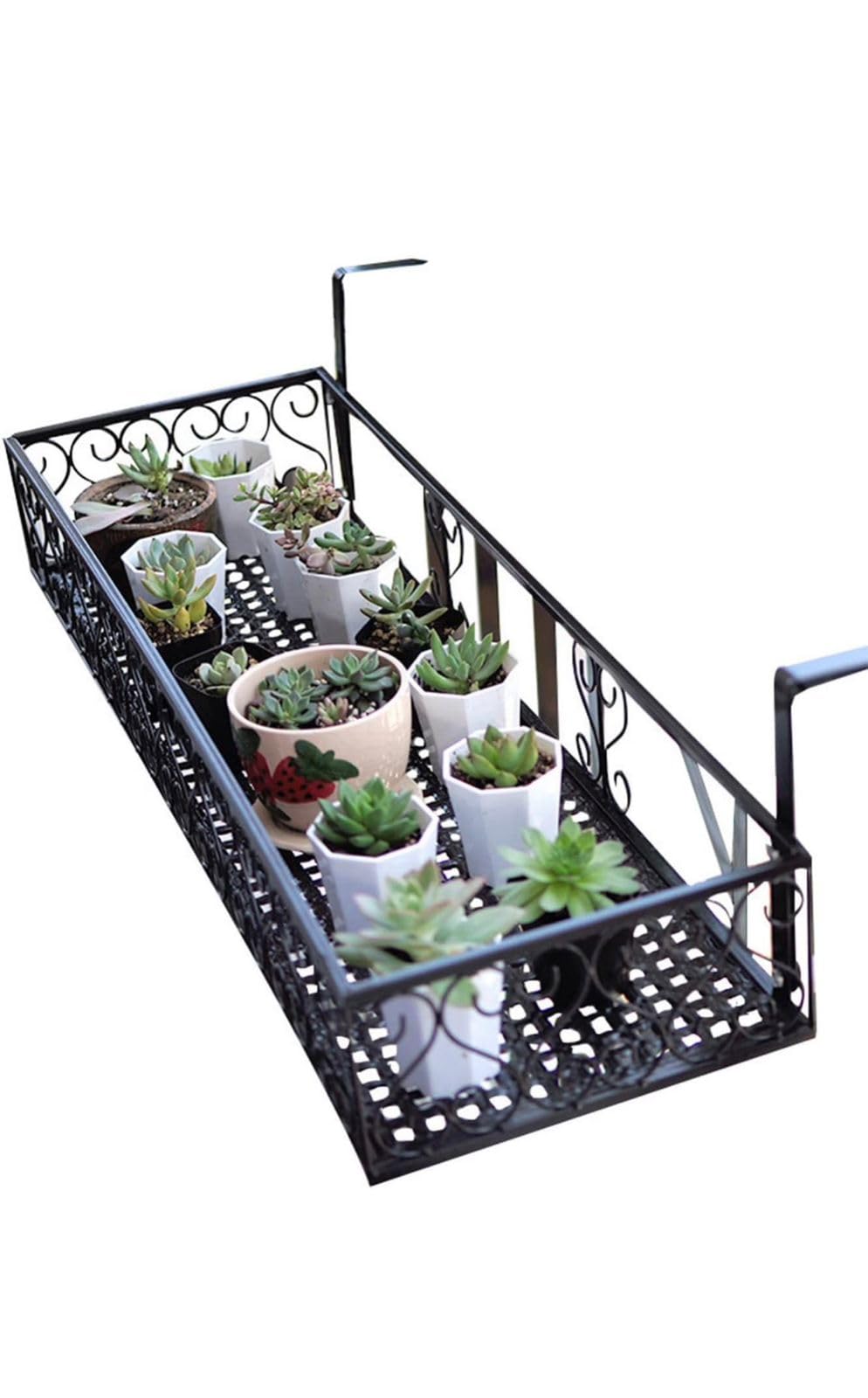 LIBAN Premium Metal Hanging Railing Planter Shelf | Weather-Resistant Rectangular Plant Basket & Flower Pot Holder for Indoor Outdoor Balcony Decoration (Black)-image-17