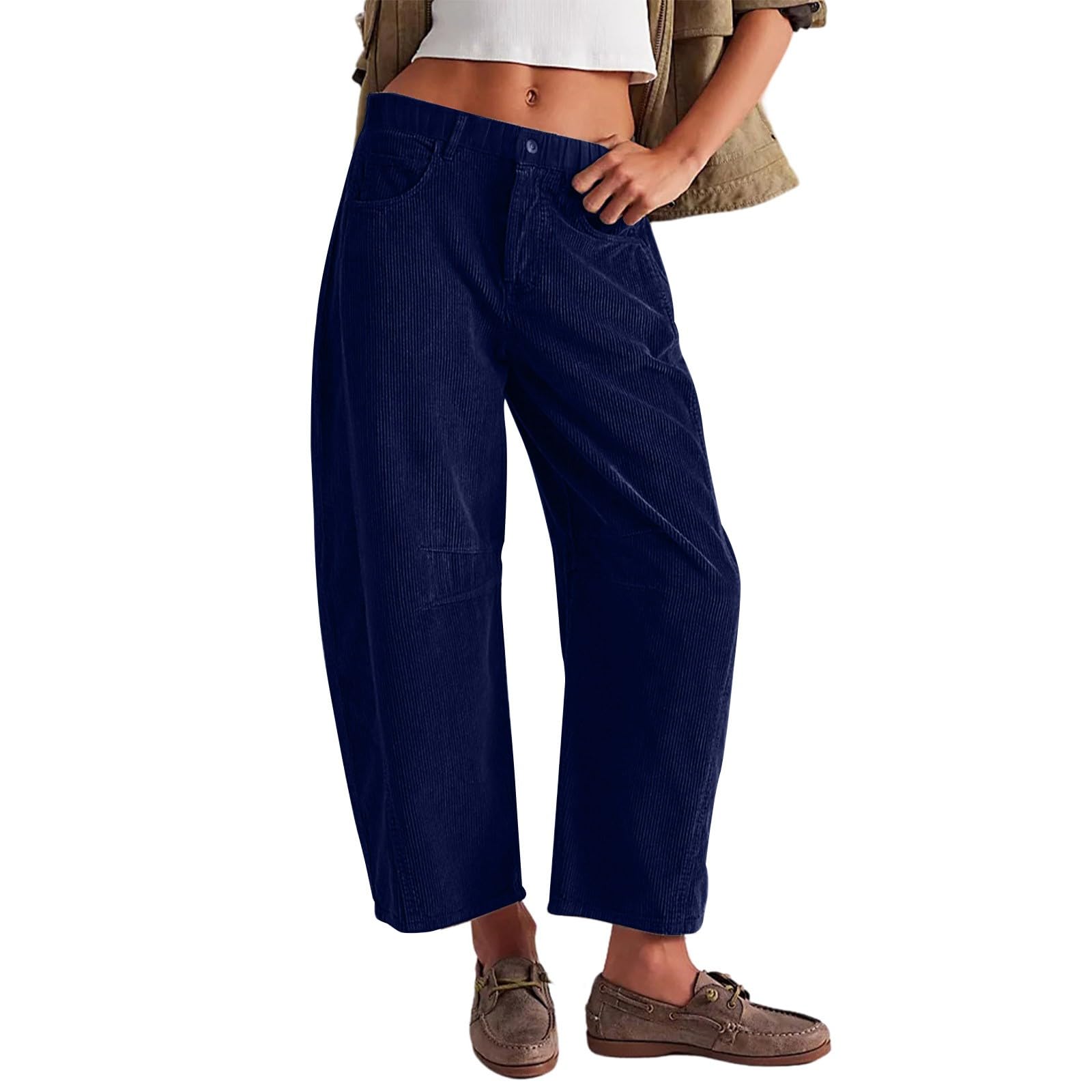 Barrel Corduroy Pants Women Cropped Baggy Wide Leg Corduroy Pants with Pockets Retro Low Rise Lounge Barrel Pant