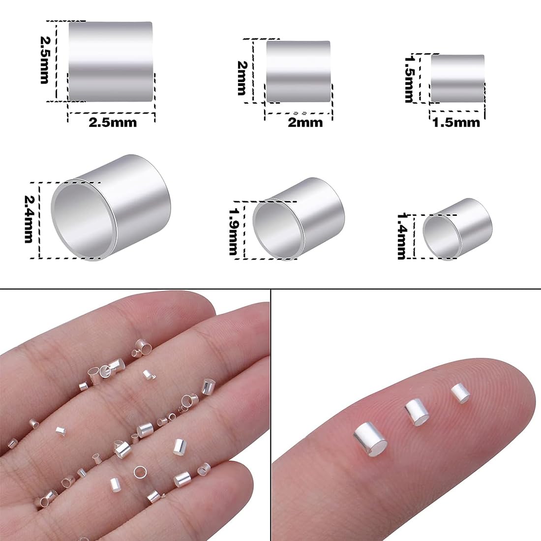 500 stuks knijpkralen, 2 mm lange knijpbuisjes, metalen knijpkralen