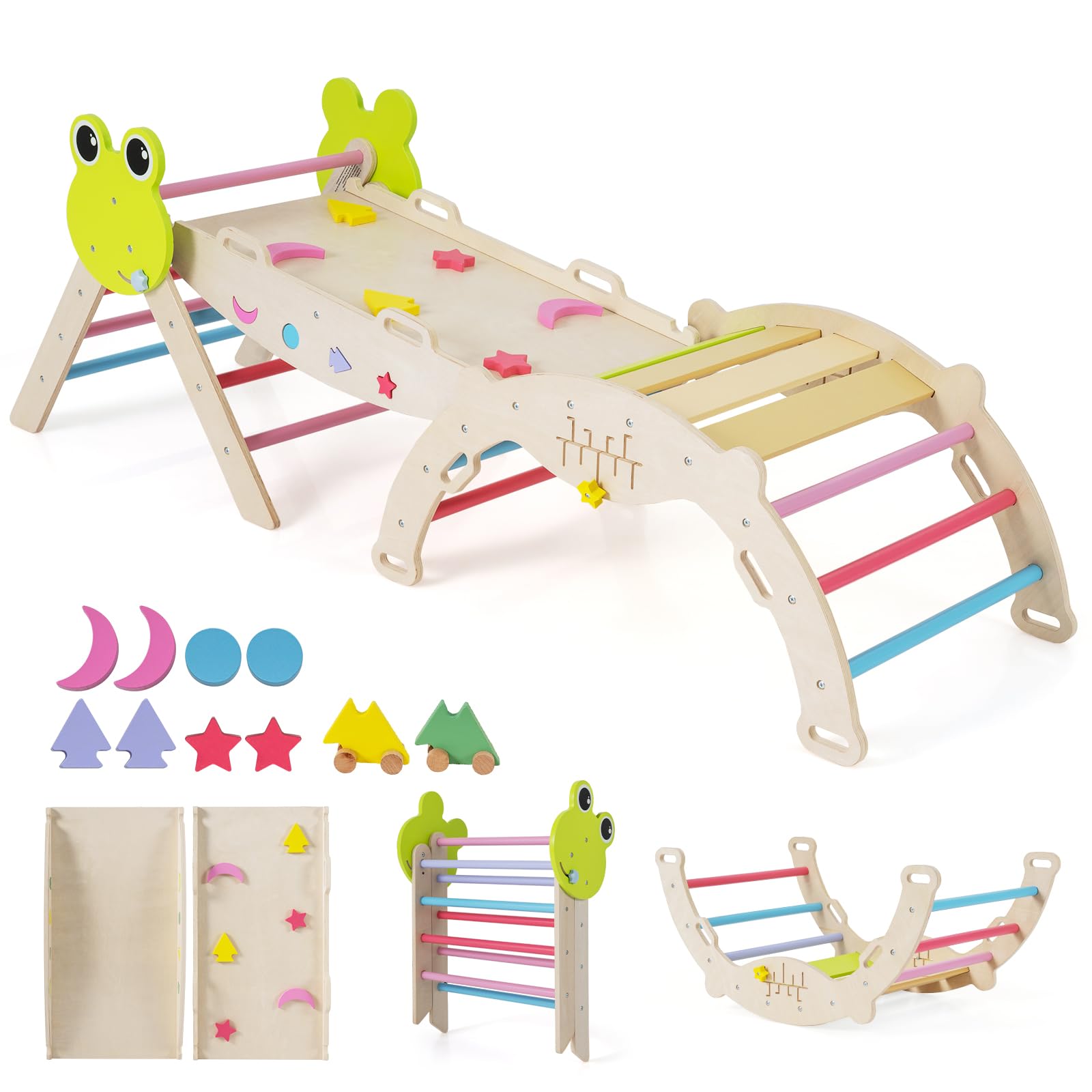 COSTWAY 7 en 1 Triangle d'escalade Enfant Pliable sur Thème Grenouille avec Rampe & Échelle, Arche d'escalade Montessori en Bois Hêtre avec 10 Blocs & Labyrinthe, Aire de Jeux Intérieur pour 1 an+