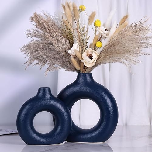 Miniatura 5 de Juego de jarrones de cerámica azul  2 jarrones circulares de dona para decoración de estilo rústico o de granja, detalles azules modernos para sala