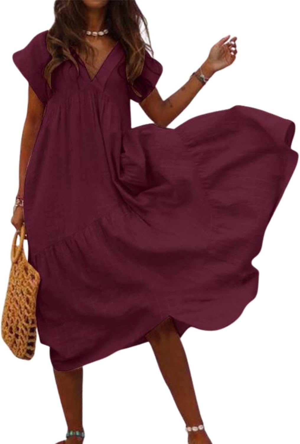 Summer Cute Womens Dresses Short Sleeve and Ruffle Hem Beach Loose Swing Casual Dre...