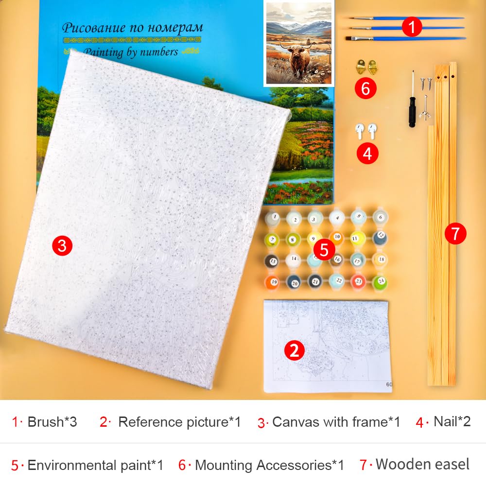 TISHIRON Pittura fai da te incorniciata con numeri, per adulti, con pennelli, mucca delle Highland, pittura a mano, animali, pittura per adulti, pittura con i numeri, kit su tela, 40,6 x 50,8 cm