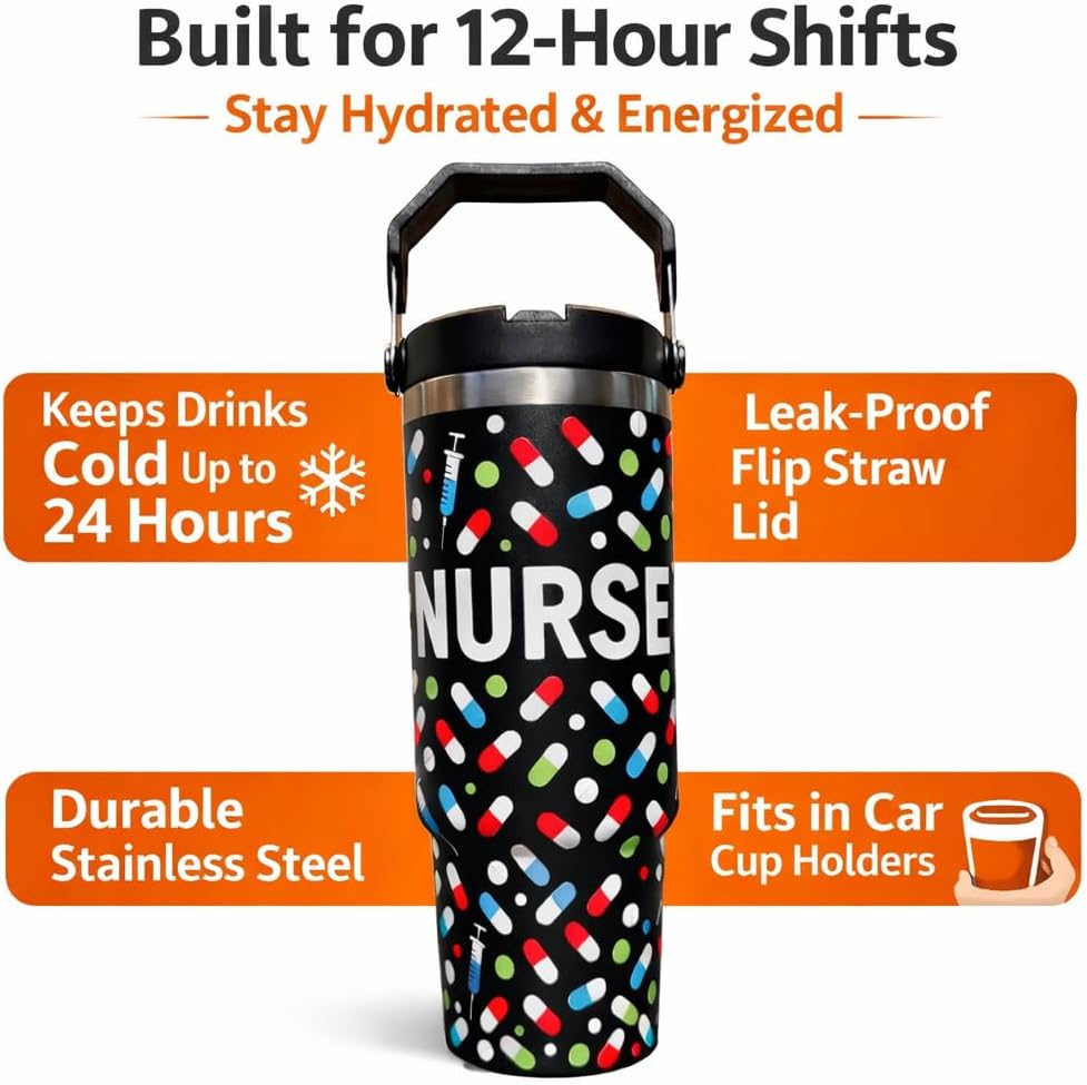 30oz Nurse Tumbler with Handle and Straw – Insulated Stainless Steel Cup – Nurse Gifts for Women, Nursing Student Graduation & Appreciation Gift, Coffee Travel Mug for Long Shifts - Image 8