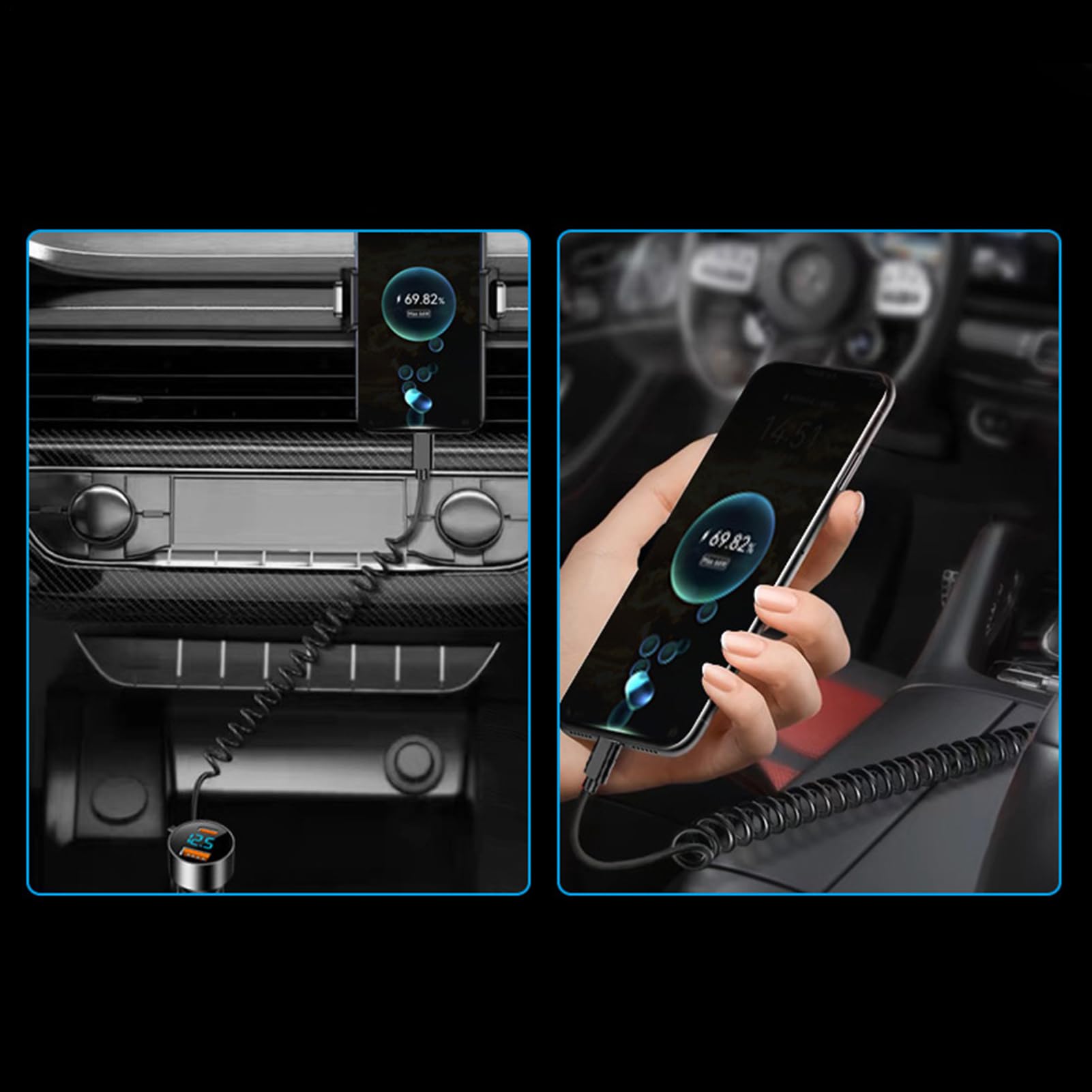 Caricabatteria da Auto USB C,Caricabatteria da Auto USB C,Adattatore di | Ricarica Rapida per PD QC 3.0 | Adattatore per cavo arrotolato per Camion berlina SUV
