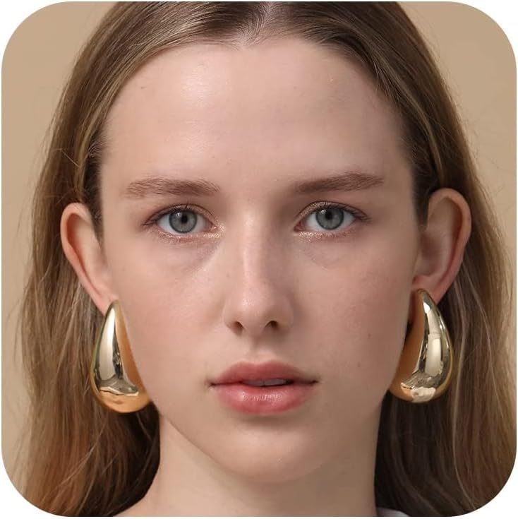 RajputanaChunky Gold Hoop Earrings for Women, Lightweight Waterdrop Teardrop Hollow Open Hoops, Hypoallergenic Gold Plated Earrings Fashion Jewelry for Women Girls 18/25/32/47mm