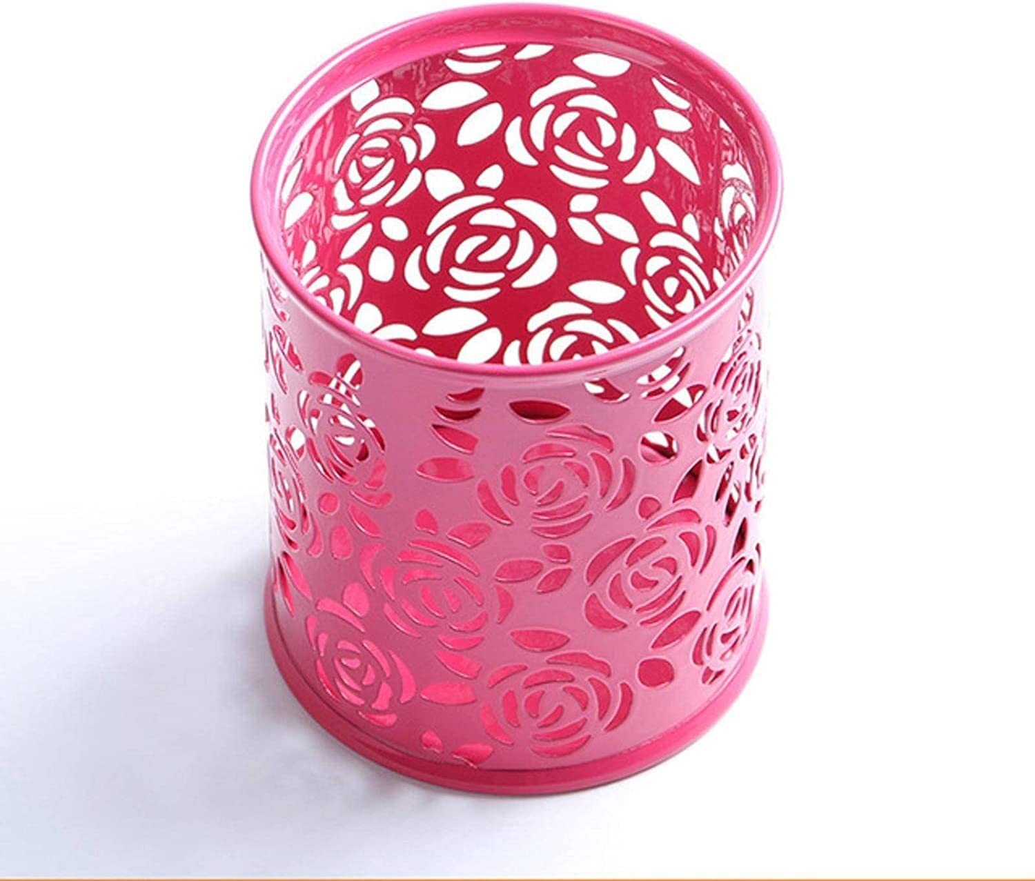 Stifthalter für den Schreibtisch, Zylinder-Stifthalter aus Metall mit hohlem Rosen-Blumen-Design, mehrfarbig, 9,7 x 8,2 cm(D-rosered)