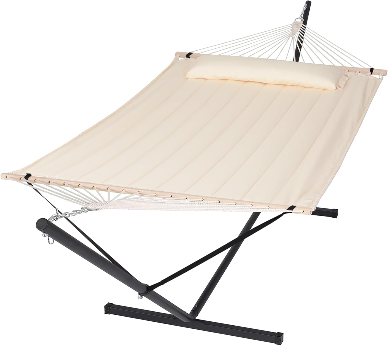 SUNCREAT Hammocks Extra Large Double Hammock with 12 ft Stand, 475lbs Capacity, Outdoor Portable Hammock with Hardwood Spreader Bar, Extra Large Pillow, Beige Beige 12 ft Stand