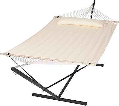 SUNCREAT Hammocks Extra Large Double Hammock with 12 ft Stand, 475lbs Capacity, Outdoor Portable Hammock with Hardwood Spreader Bar, Extra Large Pillow, Beige SUNCREAT Hammocks Extra Large Double Hammock with 12 ft Stand, 475lbs Capacity, Outdoor Portable Hammock with Hardwood Spreader Bar, Extra Large Pillow, Beige