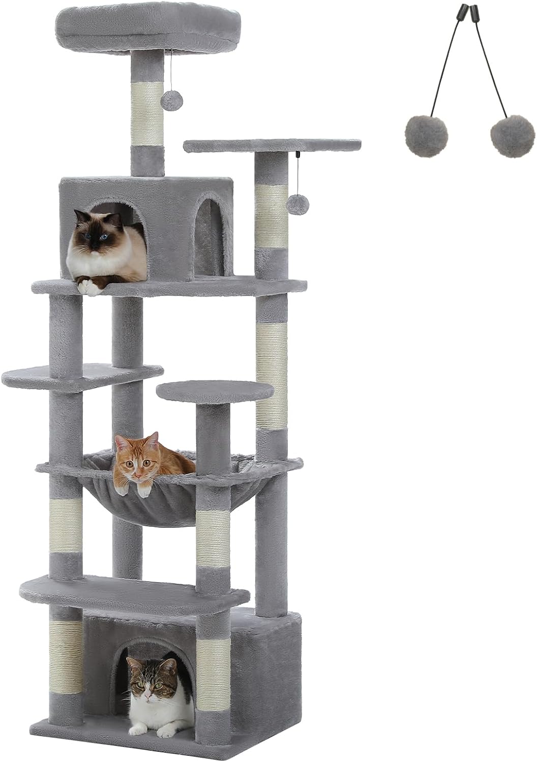 64.5-inch Cat Tree for Indoor Cats, Plush Multi-Level Cat Tower with 7 Scratching Posts, 2 Top Perches, 2 Cozy Condos, Large Metal Frame Hammock & Pompoms, Tall Sturdy Cat Playhouse, Grey