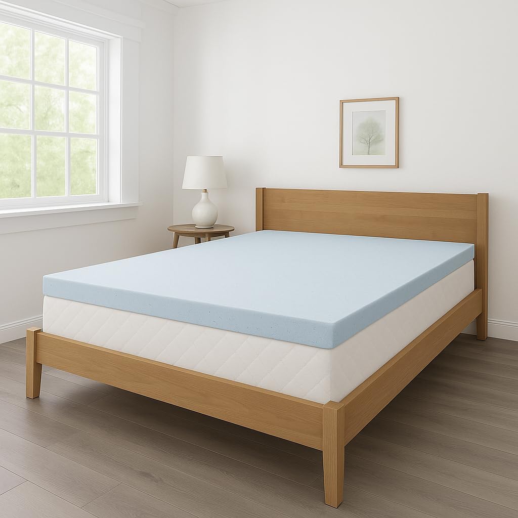 LOUNJ Gel Memory Foam Mattress Topper Full XL, 2 Inch Cooling Bed Topper for Back Pain Relief and Pressure Support, CertiPUR-US Certified, Made in USA, Blue