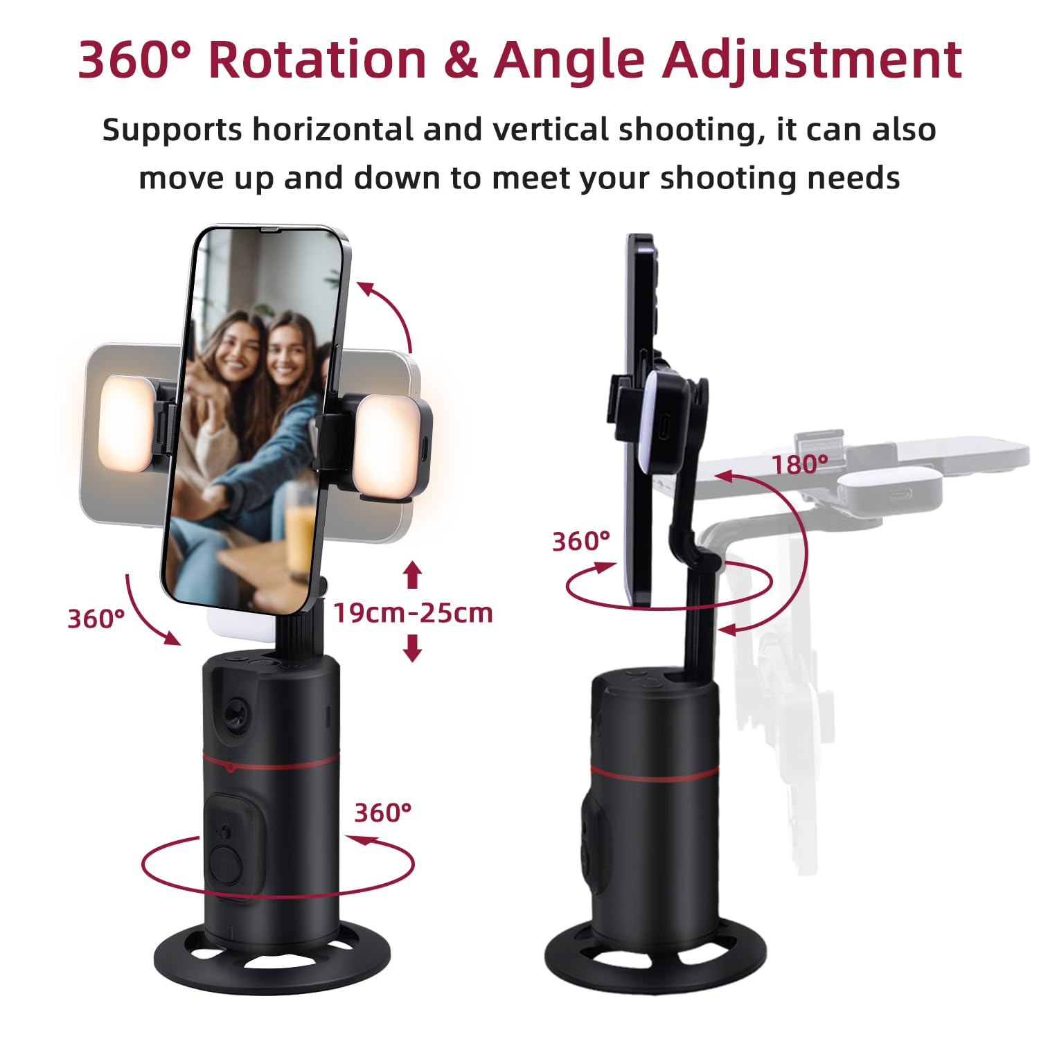 Mcbazel Trépied de Téléphone à Suivi Automatique du Visage avec 2 Lampes à Selfie, Support de Perche Selfie Rotatif Intelligent à 360 °,Support Contrôle Distance/Gestuel/Stabilisateur de Cardan Noir