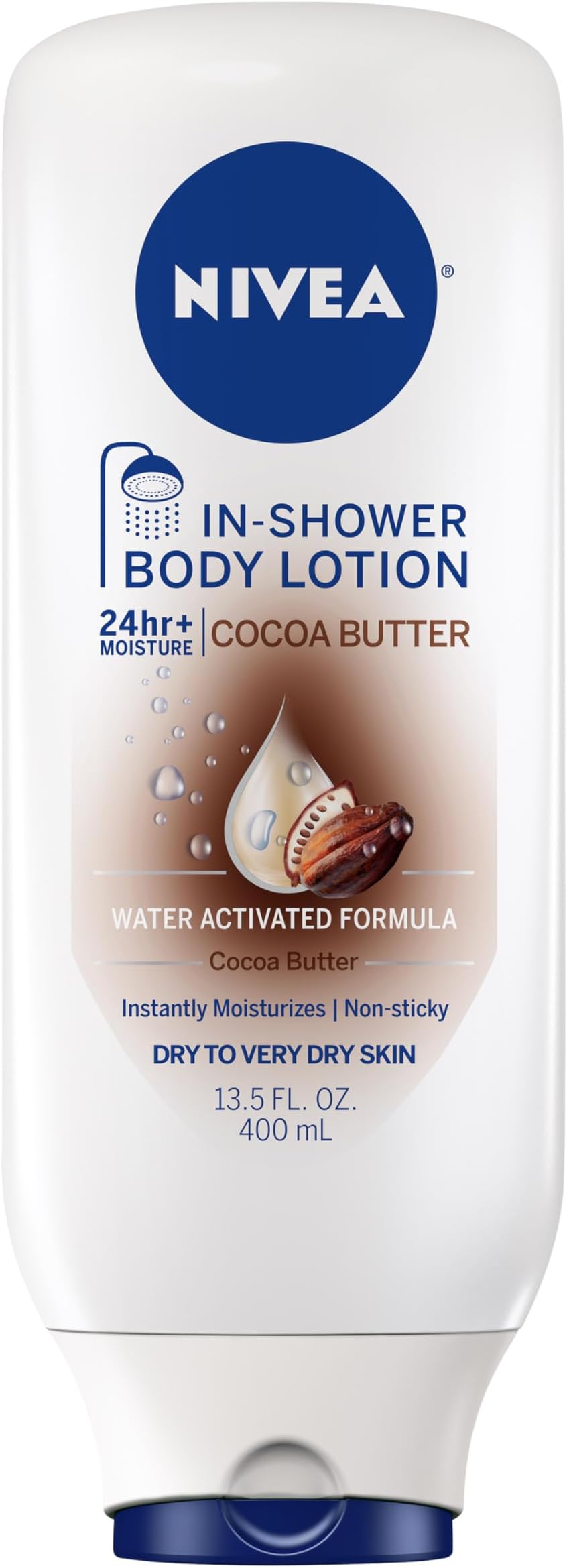 NIVEA Cocoa Butter In Shower Lotion, Water Activated In Shower Moisturizer for Dry Skin to Very Dry Skin, 13.5 FL OZ Bottle