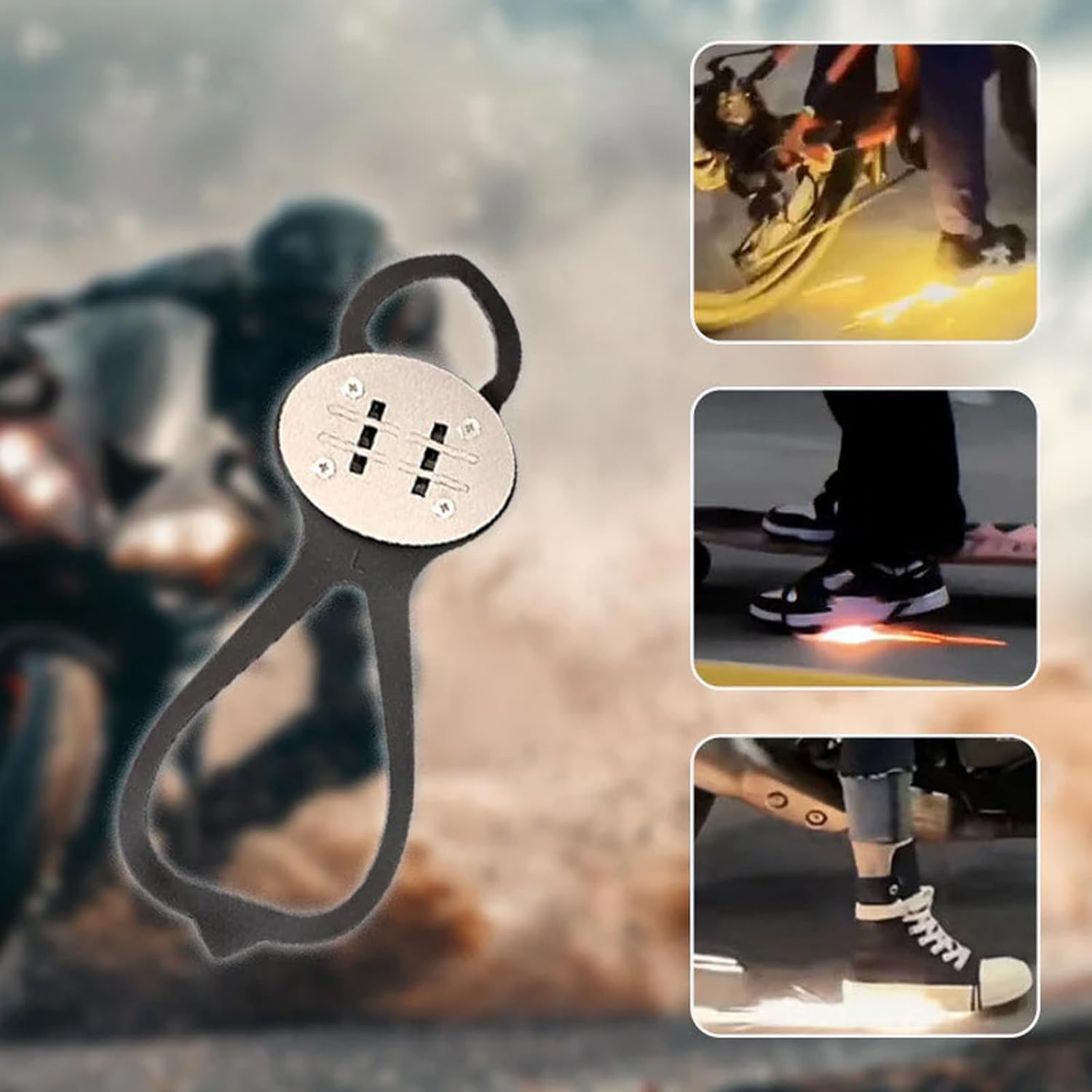 Scintillante Flint Pad copriscarpe per skateboard e moto, cuscinetti per attrezzi da bicicletta, set di selce per skateboard, copriscarpe da equitazione, regolabili e scintillanti