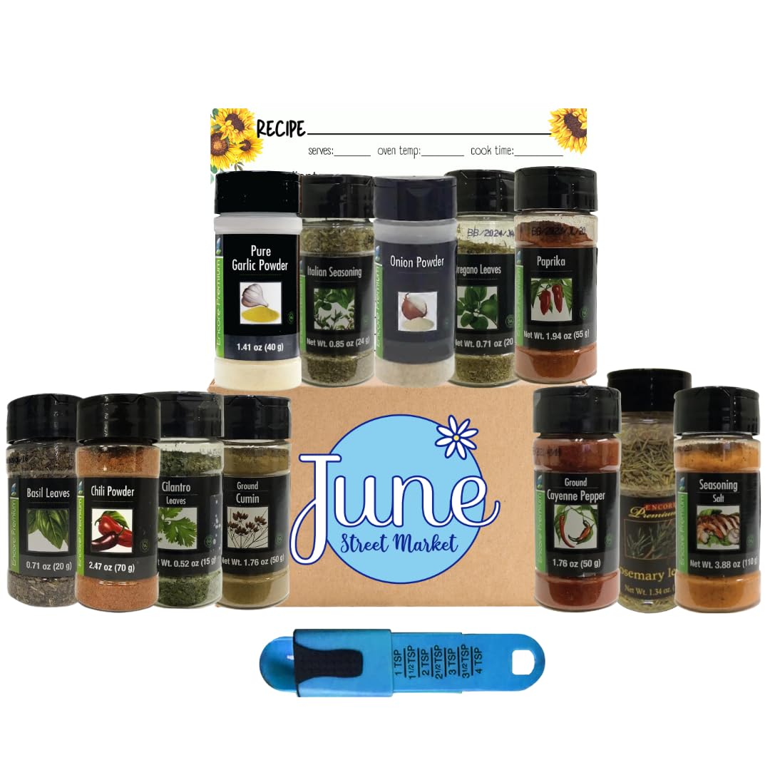 Encore Premium Seasoning New Kitchen 12 Piece Gift Set with Adjustable Measuring Spoon and Blank June Street Market Recipe Card (style my vary)