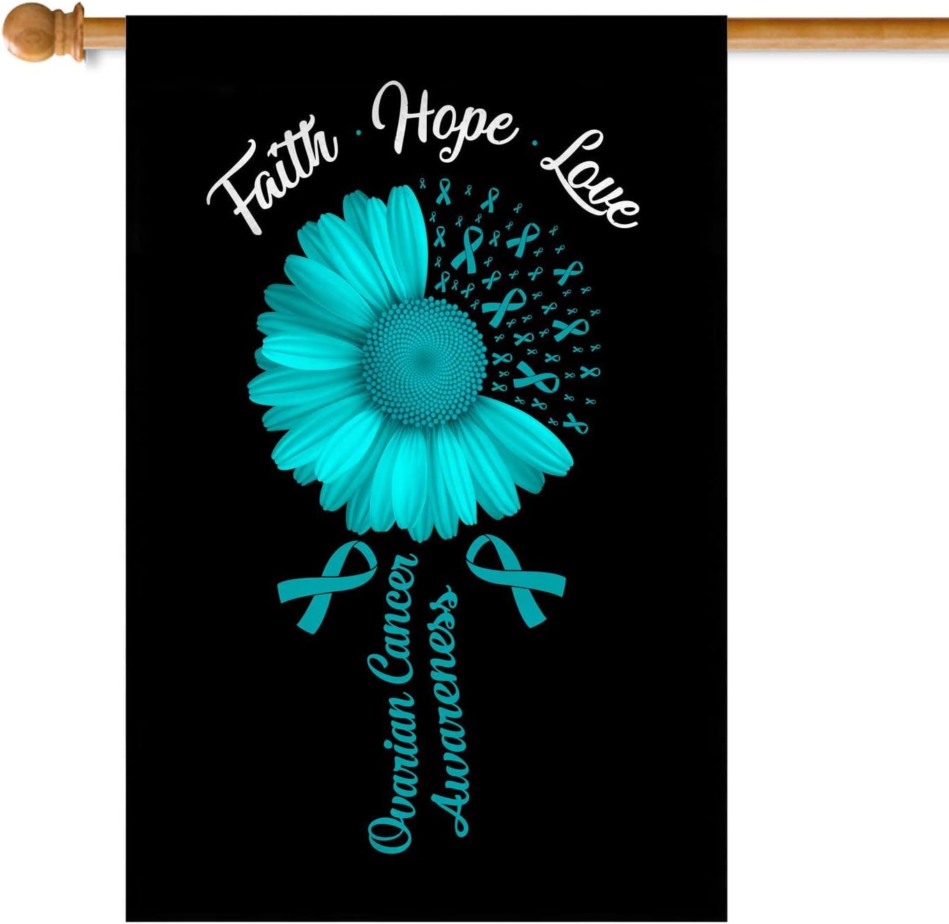 Faith Hope Love Ovarian Cancer Awareness Flag Daisy Flower Teal Ribbon (28" x 40") USA House Flag Premium Decorative Yard Outdoor Flags