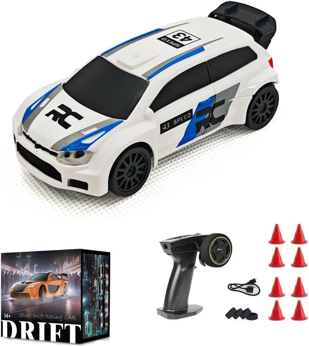 Aetheria 1/43 RC Drift Racing Car with Gyro, 4WD Fully Proportional Mini Electric Race Vehicle with LED Lights Remote Control High Speed Car for Adult Outdoor - Ready to Run (White Blue)