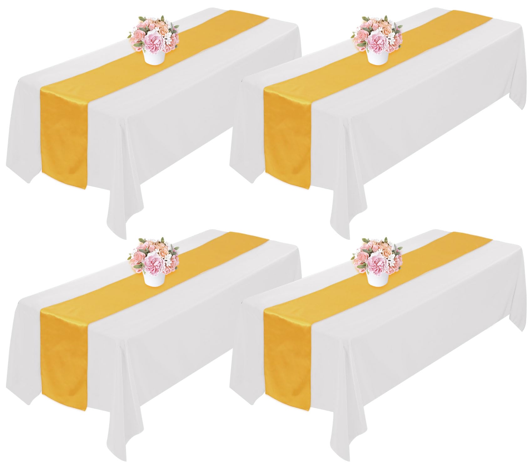 Photo 1 of 4 Set 60x102 Inch Rectangle Tablecloth and 12x108 Inch Satin Table Runner, Washable Polyester White Table Cloth and Satin Silk Table Runner for Party, Wedding, Dining, Banquet (White and Gold) White and Gold 60 x 102 Inch
