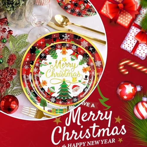 Christmas Party Decorations Supplies - 175 PCS Merry Christmas Red Plaid Disposable Dinnerware Set Xmas Paper Plates and Napkins Sets with Cups Fork Spoon for Holiday Party Supplies, Serve 25 – Image 6