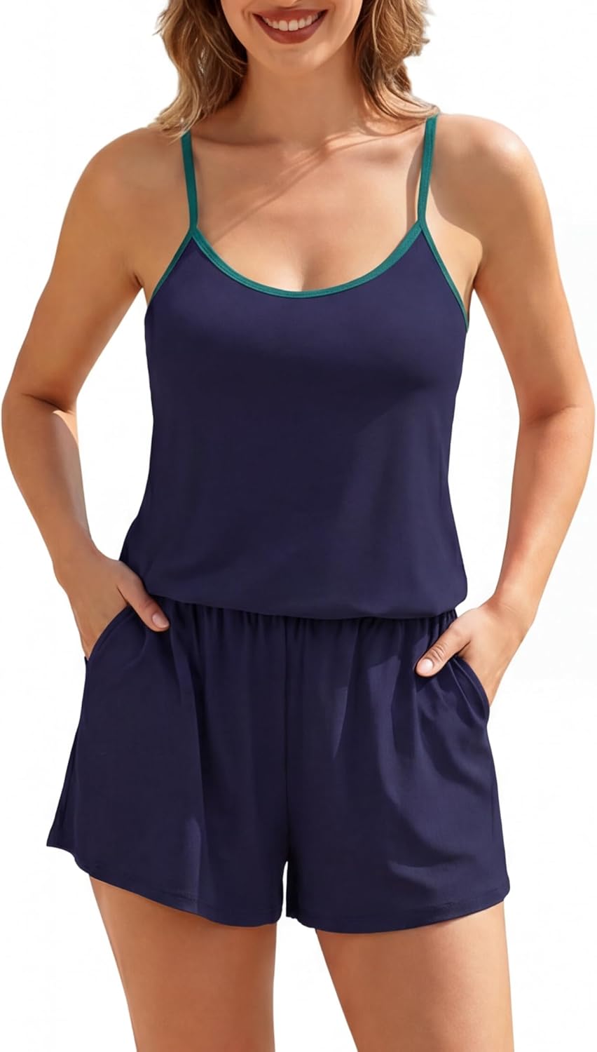 Smismivo Swim Romper with Built in Bra and Pockets One Piece Swimsuit Women Cute Color Block Bathing Suits