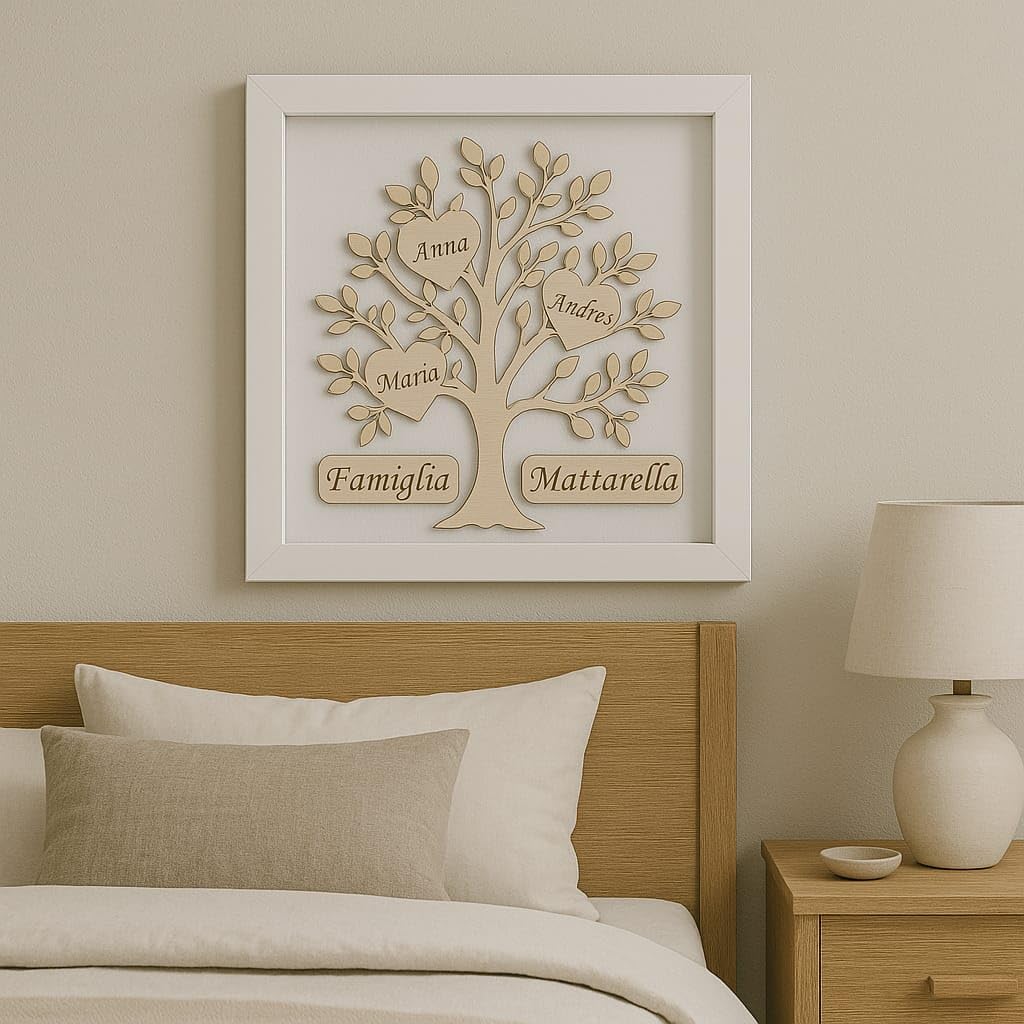 Stileitaliano Quadro Personalizzato Albero della Vita in Legno con Cornice, Regalo Famiglia con Nomi Incisi, Decorazione da Parete o Tavolo, Bianco