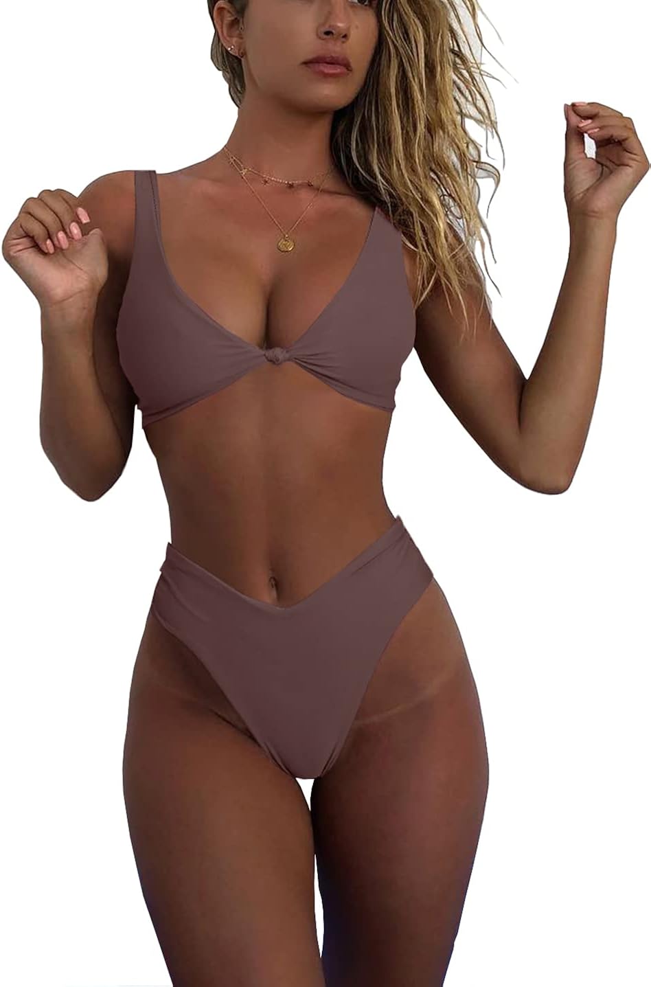geluboao Conjunto de bikini para mujer, cuello en V, nudo frontal, push up, tanga de pierna alta, traje de baño de dos piezas