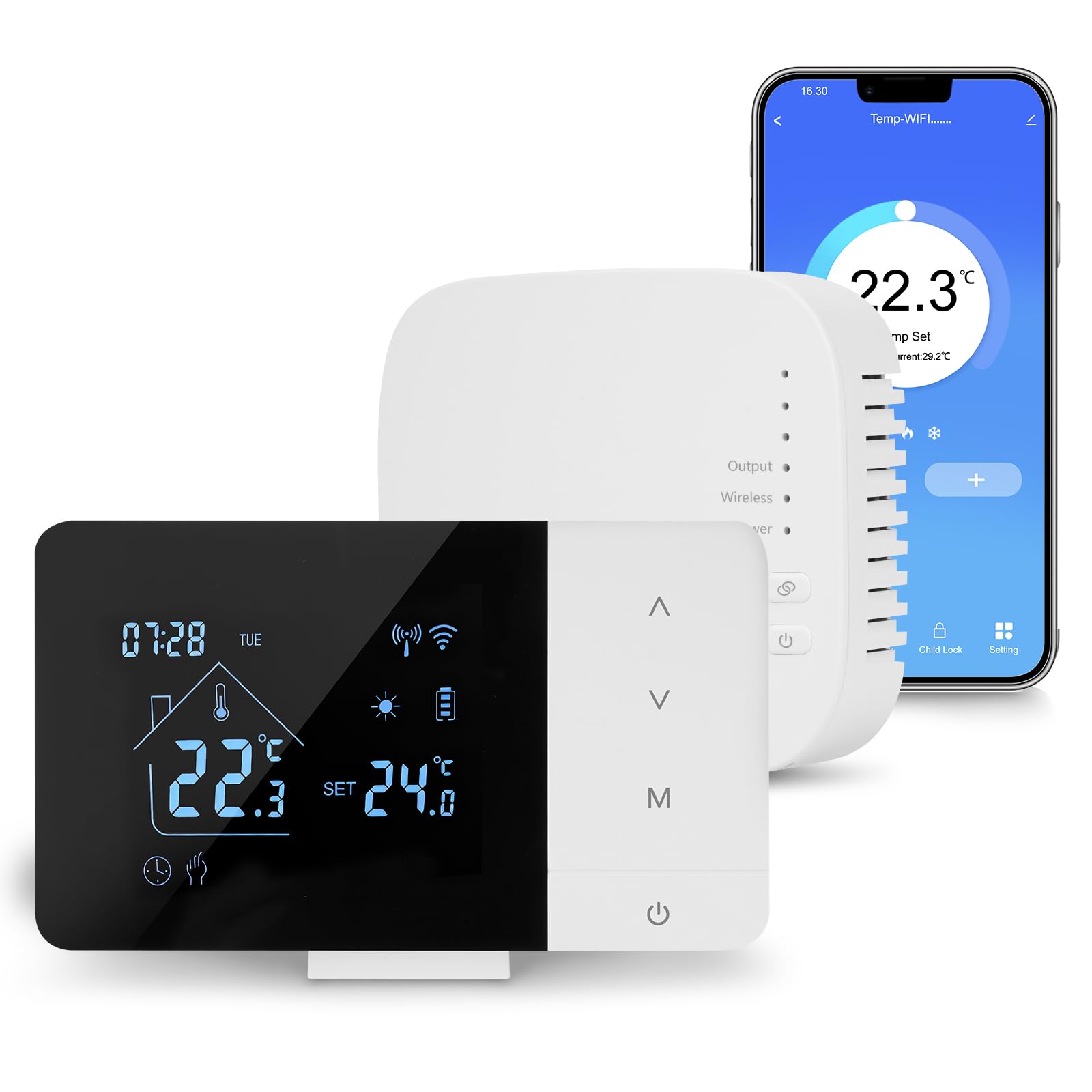 Termostato wifi, Intelligente Cronotermostato Wireless con Ricevitore per Caldaia 3A, Programmabile Settimanale, termostato da parete compatibile con Alexa e Google Assistant, a Batteria