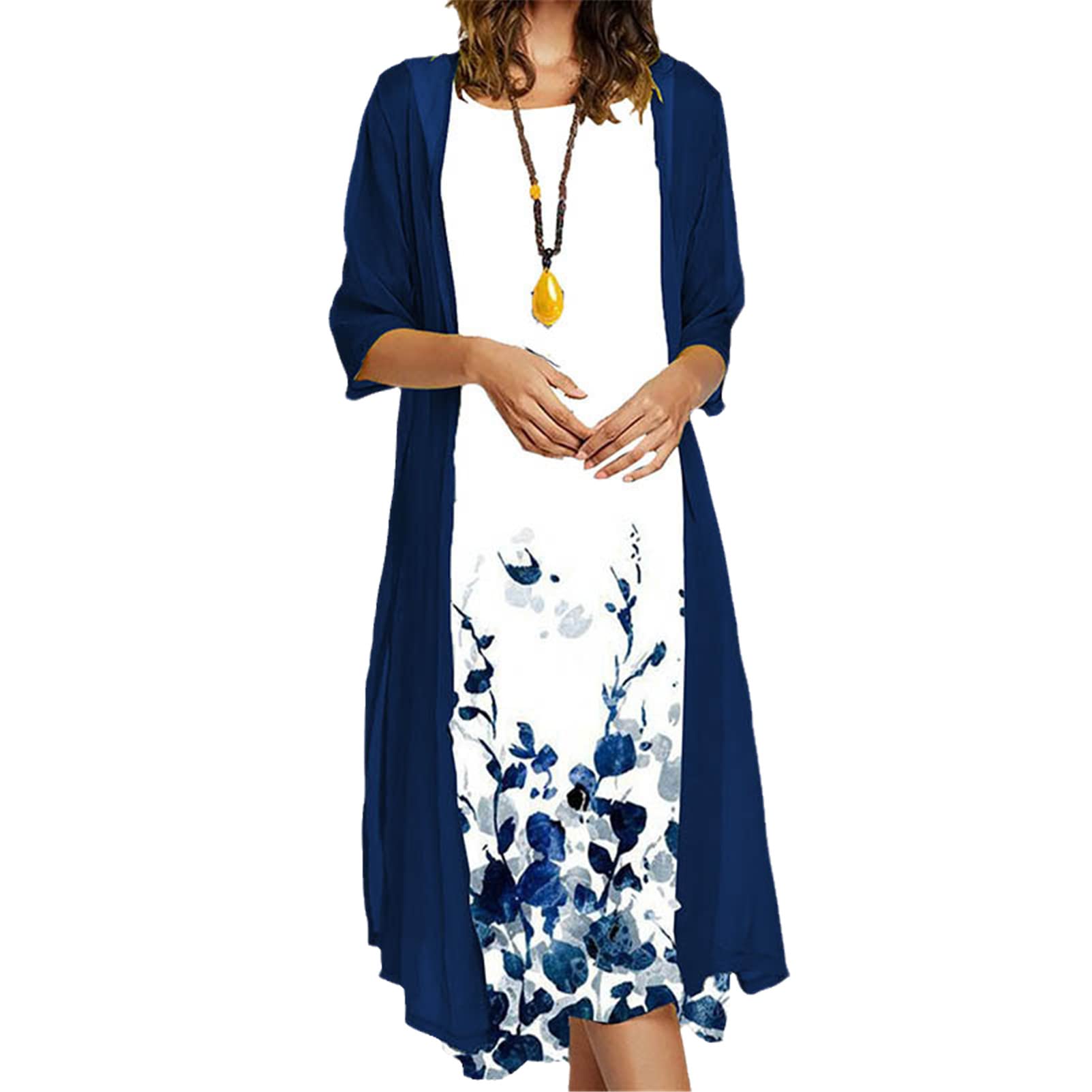 Mokkpeq Conjunto de dos piezas para mujer, vestido suelto con estampado de cuello redondo + blusa de cárdigan vestidos de fiesta casuales