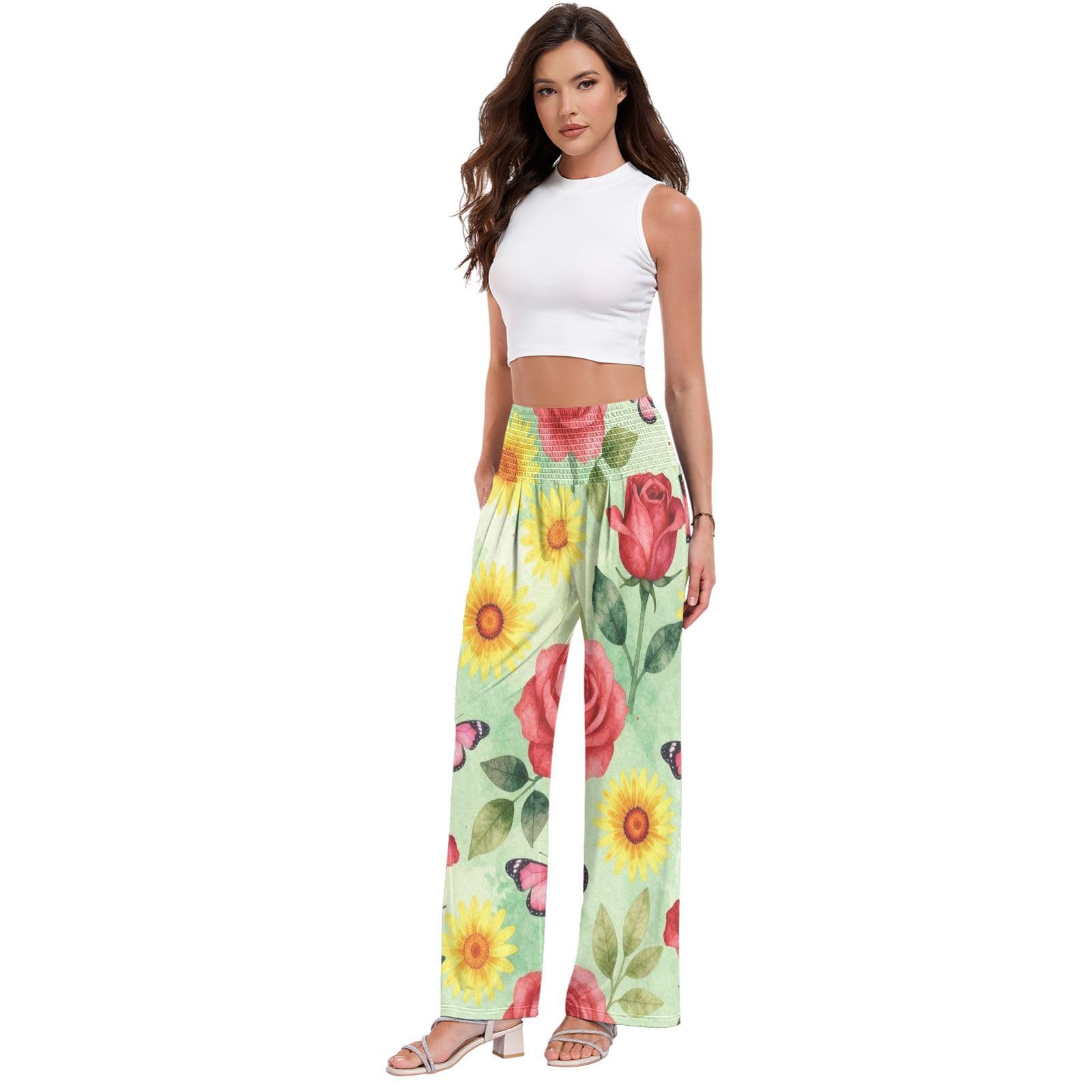 Rose Flutter - Pantalones palazzos para mujer, ligeros, elásticos, informales, ropa de descanso