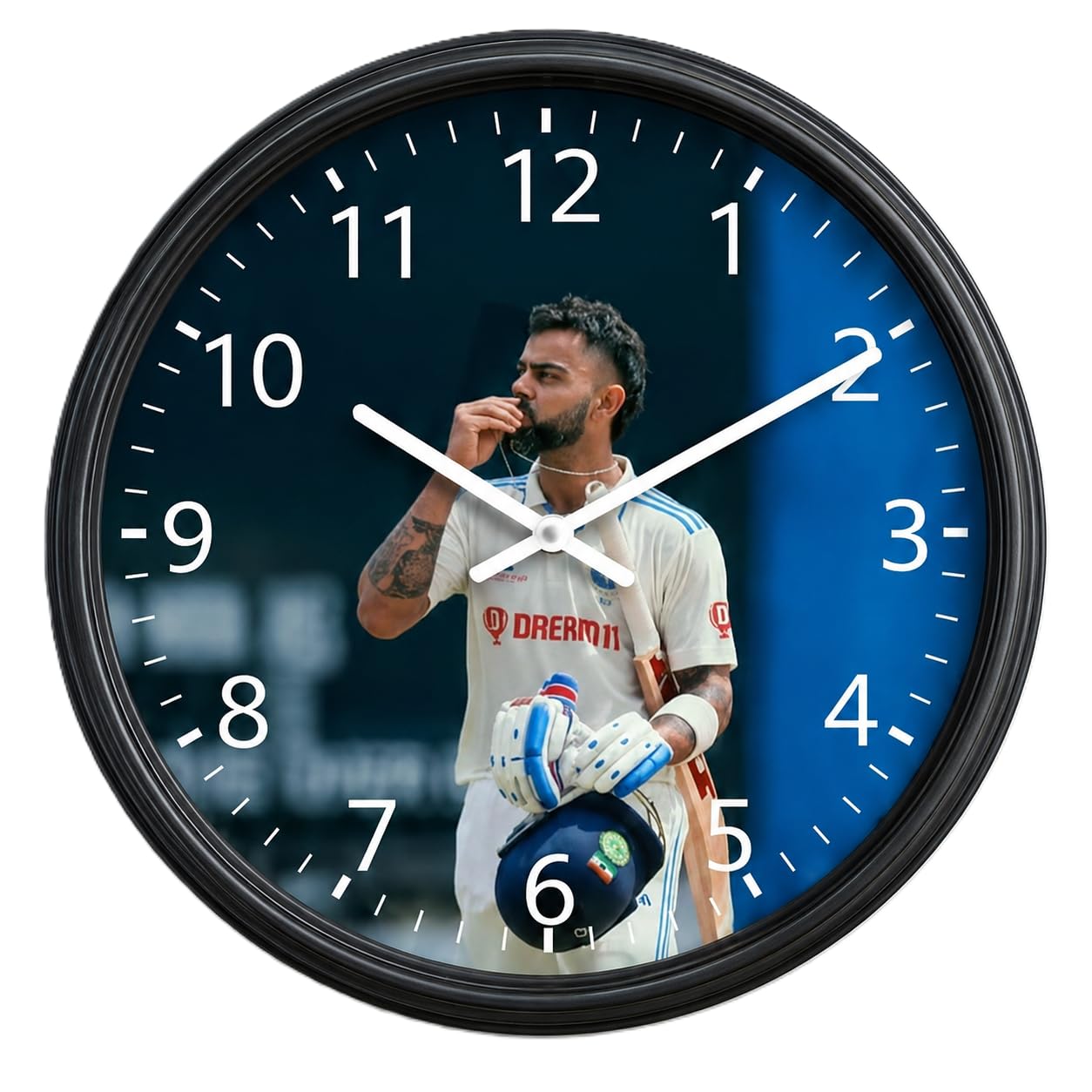 Virat Kohli Printed Round Wall Clock with Black Frame | Cricket Theme, White Clock Hands, Wall Decor, Quartz Movement, Blue Dial Design-image-20