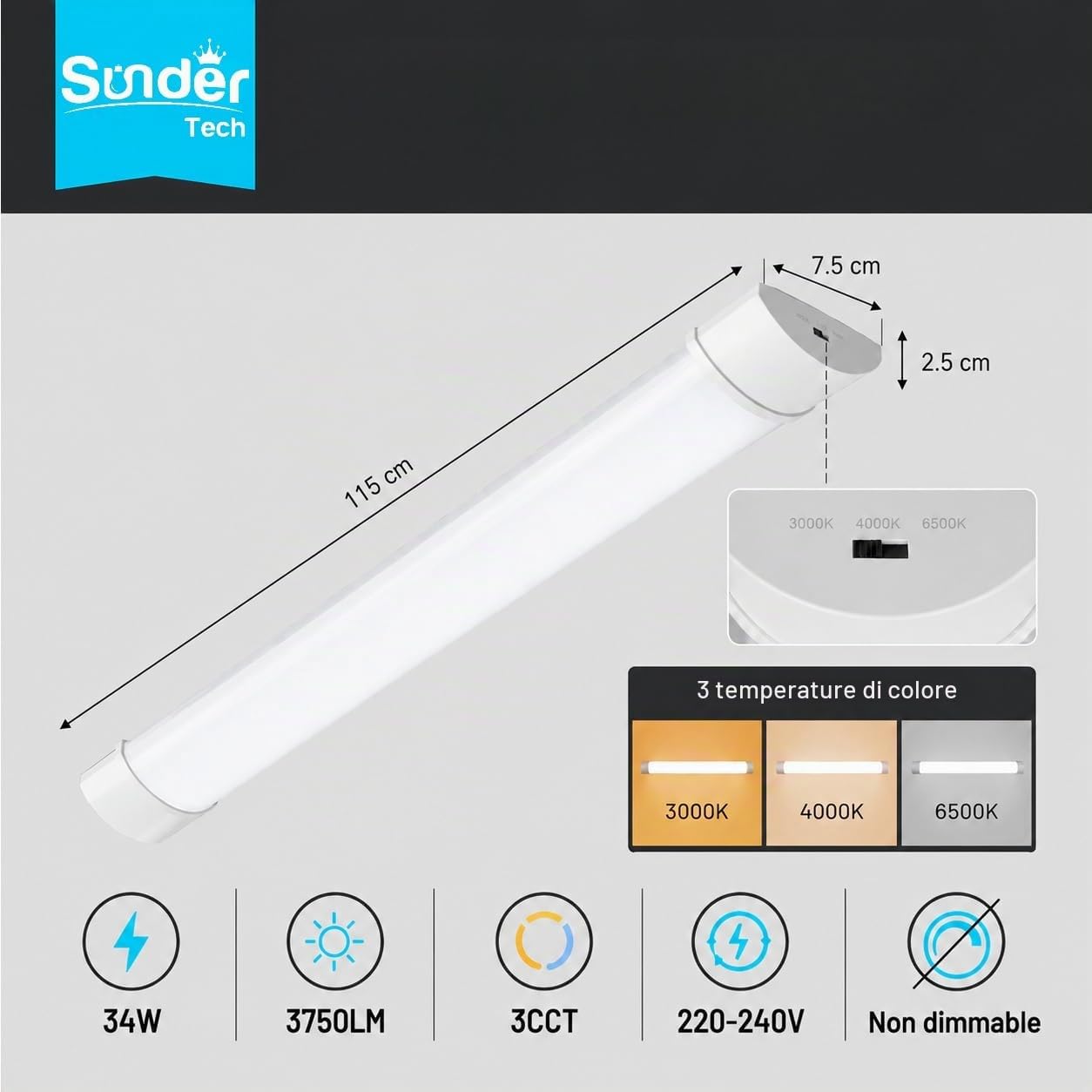 Tubo luminoso a LED da 1,2 m, 117 cm, 34 W, 3750 lm, 3 CCT (3000 K/4000 K/6500 K) in 1, montaggio a parete per ufficio, garage, magazzino, officina, capannone, 2 confezioni