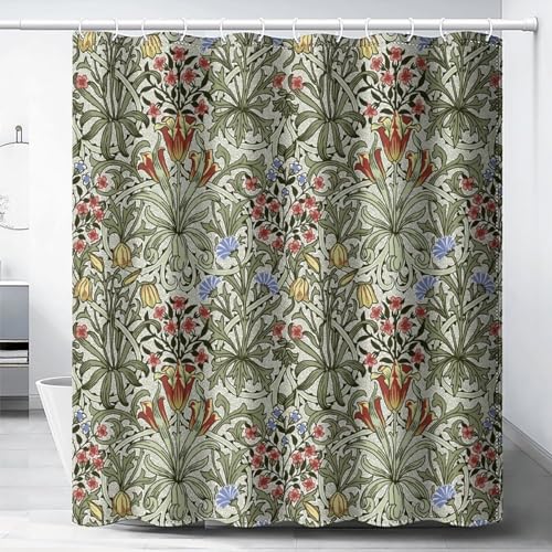 DDCBNS William Morris Style Shower Curtain,Mid Century Vintage Flower Abstract Art Print Shower Curtain for Bathroom Decor Fabric Waterproof Upholstery Hook 72x72in